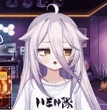 a girl with long white hair and a shirt that says hen on it