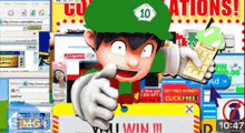 a cartoon character wearing a green hat with the number 10