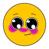 a yellow smiley face with big eyes and a purple blush on its face .