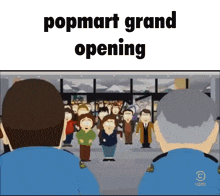 two police officers are standing in front of a crowd of people and the words popmart grand opening are on the screen