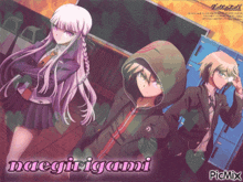 a picture of three anime characters with naegirigami written on the bottom right