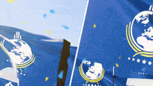 a blue and white flag with a globe and stars on it