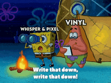 a cartoon of spongebob and patrick standing next to a campfire with the words " write that down write that down "