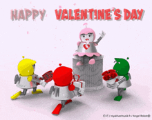a valentine 's day greeting card with robots and a trash can
