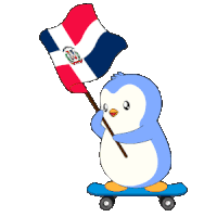 a penguin is riding a skateboard and holding a flag