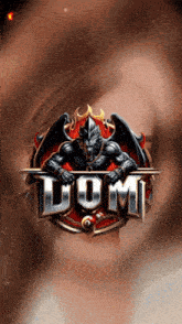 a logo for a video game called dom with a demon on it