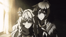 a black and white drawing of two anime characters standing next to each other