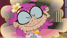 a cartoon character with pink hair and glasses
