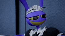 a purple cartoon character with a maid outfit on