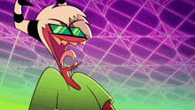 a cartoon character is wearing sunglasses and a green shirt