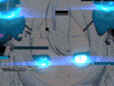 a close up of a girl 's face with glowing blue eyes and a blurry background