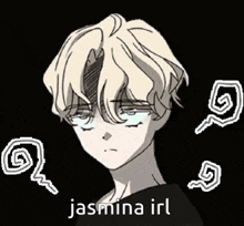 a drawing of a boy with a swirl around his head and the words `` jasmina irl '' below him .