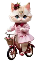 a cat wearing a pink dress and red shoes is riding a bicycle with a basket of flowers