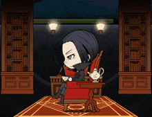 a cartoon of a man sitting in a chair holding a cup