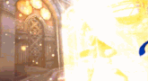 a silhouette of a woman holding a sword in front of a door