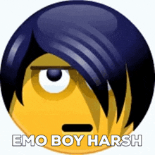 a yellow smiley face with a blue hair style and the words emo boy harsh written below it