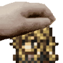 a pixelated image of a person holding a stack of gold coins