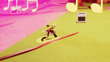 a cartoon character is walking on a green field in a video game with music notes in the background .