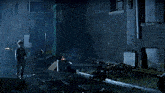 a man in a military uniform is walking down a dark alley