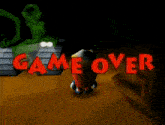a video game screen says game over with a rocket in the background