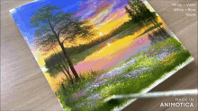a painting of a sunset with trees and flowers is made in animatica