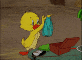 a cartoon duck is carrying a brown briefcase