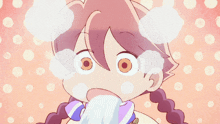 a close up of a girl 's face with steam coming out of her mouth