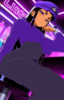 a cartoon girl in a purple hat is sitting on a bar stool
