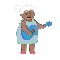 a cartoon drawing of an elderly woman singing and playing a guitar