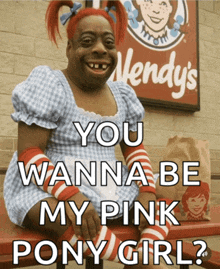a wendy 's sign is behind a woman dressed as a pony girl