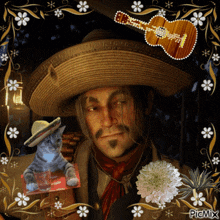 a picture of a man in a sombrero with a cat and a guitar in the background