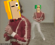 a man in a red jacket is standing next to another man with a pixelated face