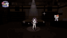 a cartoon character is standing in a dark room with a speech bubble that says ' ピンボーン '