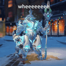 a video game character is standing in the snow with the words weeeeeeee on the bottom