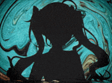 a silhouette of a person with long hair is against a blue background