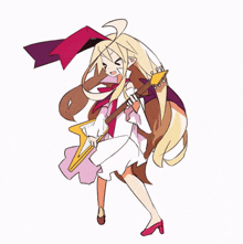 a cartoon drawing of a girl holding a guitar and a bow