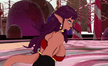a cartoon of a woman with purple hair and a red top