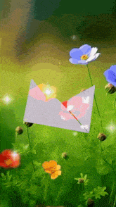 an envelope with a heart shaped arrow sticking out of it is surrounded by flowers