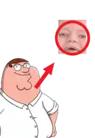 a cartoon character named peter griffin has a red arrow pointing up to a baby 's face
