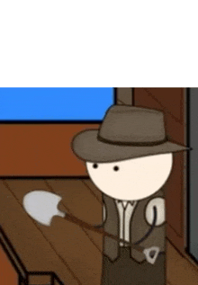 a cartoon cowboy is holding a shovel in his hand .