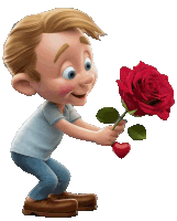 a cartoon boy holding a red rose with a heart on it