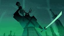 a cartoon character is being destroyed by a green light in a cemetery .