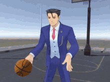 a man in a suit and tie is holding a basketball on a basketball court