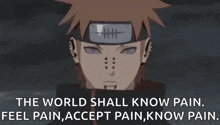 pain from naruto is wearing a headband and has a quote on his head .