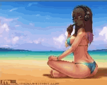 a pixel art of a girl in a bikini sitting on a beach