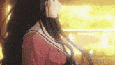 a girl with long black hair is wearing glasses and a red uniform