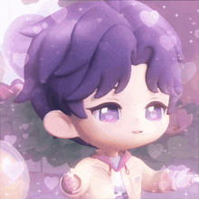 a close up of a cartoon character with purple hair and pink eyes
