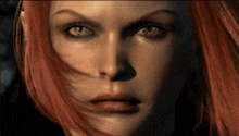 a woman with red hair is looking at the camera