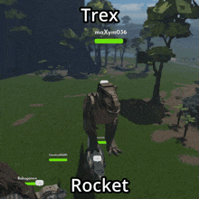 a screenshot of a video game with trex and rocket written on it