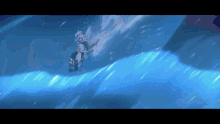 a person is flying through the air in a blue background